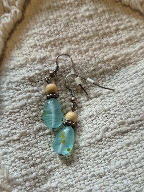 Handmade Light Blue Teardrop Bead Earrings with Wood Accent
